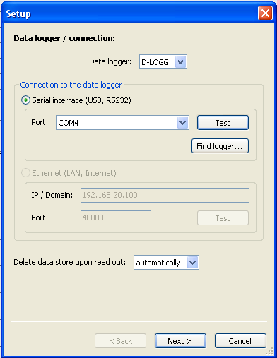 Winsol Setup-valikko Valikossa File \ Setup valitaan dataloggerit ja liitäntä, konfiguroidaan loggerit ja nimetään laite ja logatut arvot.