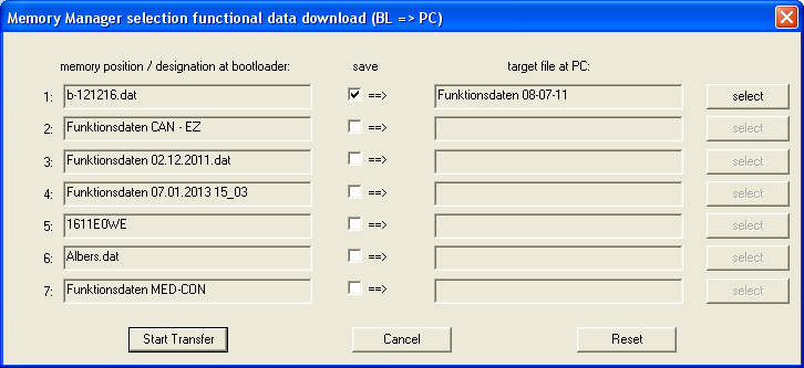 Memory Manager Functional data download (Bootloader PC) Säätimestä Bootloaderiin ladatut toimintatiedot tallennetaan tietokoneelle. Vasemmalla palstalla näytetään Bootloaderiin tallennetut tiedot.
