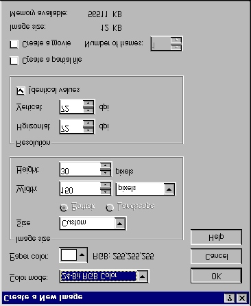 TYÖSKENTELYN ALOITTAMINEN Jos halutaan tehdä jokin oma piirros, aloitetaan työ määrittelemällä uuden sivun tiedot File! New -valikosta. Tämä avaa Create a New Image -ikkunan.