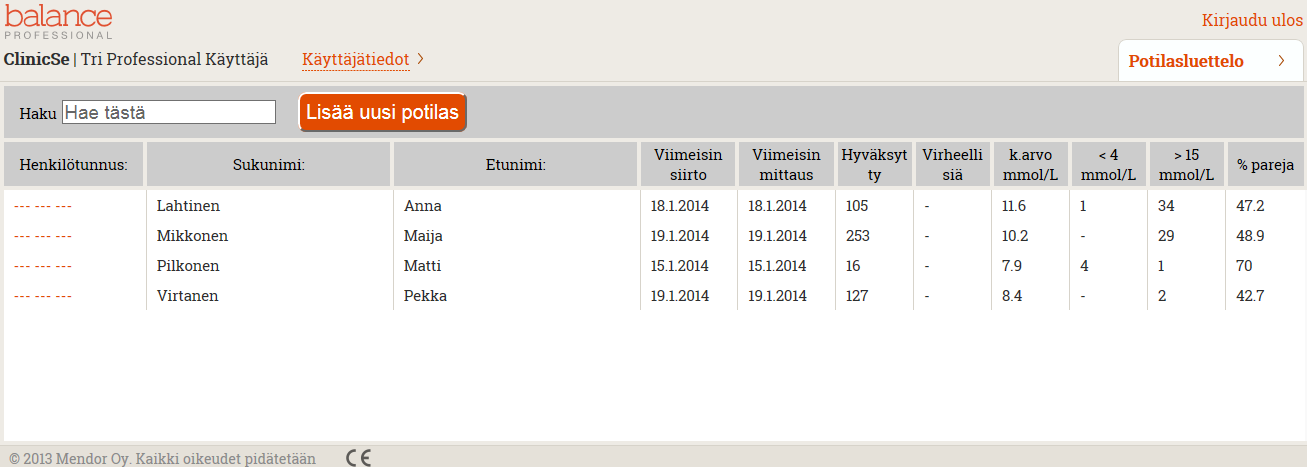 (hypoglykeeminen) mittausten määrän. Näet myös prosenttilukeman joka kertoo parimittausten 2 määrän suhteessa kaikkiin potilaan siirtämiin mittaustuloksiin.