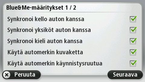 Asetusten synkronointi Voit synkronoida osan Blue&Me-TomTom 2 -navigaattorin asetuksista auton asetusten kanssa. Synkronoitavat asetukset sisältävät kielen, ajan ja yksiköt.
