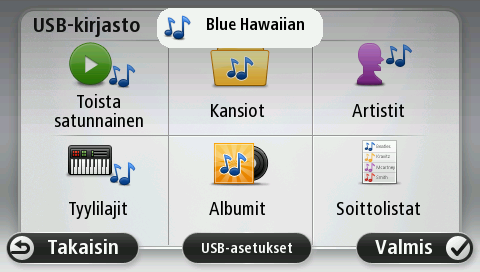 Avaa kirjastovalikko valitsemalla USB-kirjasto. Voit valita satunnaisen kappaleen valitsemalla Toista satunnainen. Media Player alkaa toistaa kappaletta.