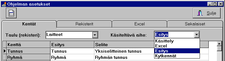 RÄÄTÄLÖINTI 11. Koska yrityksessäsi käytetään Koodia erottamaan laitteita toisistaan eikä Tunnus, päätät muuttaa kentän nimi. Siirry siis Pääikkunan Ylläpito-alasvetovalikon Asetukset-toimintoon.