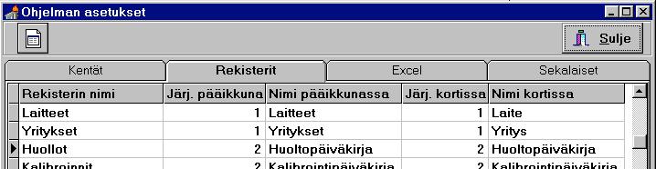 RÄÄTÄLÖINTI 12. Muuta vastaavalla tavalla välilehdellä Rekisterit rekisteri Firmat siten, että sen järjestys pääikkunassa ja kortissa on 1 ja nimi pääikkunassa on Yritykset ja kortissa Yritys.