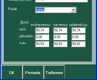 Asetukset Määritä kantohinnat A) Voit antaa kantohinnat puu- ja puutavaralajeittain itse Valitse puulaji tästä Käyttäjä voi syöttää puulajeittain ja harvennuskerroittain kantohinnat sahatukille,