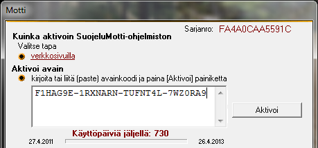 Avainkoodin generointi ja ohjelmiston aktivointi Siirry takaisin