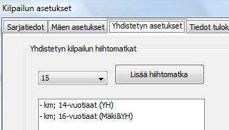 Kuva: Yhdistetyn asetukset 7.1 Hiihtmatkan määrittely Yhdistetyn asetuksia vi muuttaa valitsemalla valiksta Asetukset -> Kilpailun tiedt ja asetukset.. ja valitsemalla Yhdistetyn asetukset välilehti.