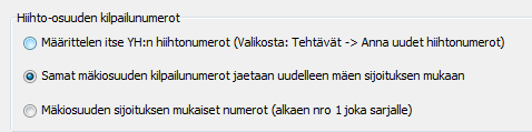 7.2 Hiiht-suuden hiihtnumert Yhdistetyn asetukset välilehdeltä (Asetukset -> Kilpailun tiedt ja asetukset..) vi määrittää hiiht-suuden kilpailunumeriden valinnan. Kuva: Hiiht-suuden kilpailunumert 7.