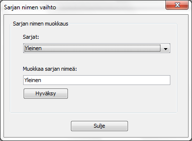 Kuva: Usean lmakkeen lataaminen kerralla. 11.7 Sarjan nimen vaihtaminen Vit vaihtaa sarjan nimeä Tehtävät Vaihda sarjan nimi... valiksta. Kuva: Sarjan nimen vaihtaminen. 11.8 Cup-sakilpailutulsten luminen käsin Jskus vi lla tarvetta mukata tai luda käsin cup-sakilpailu tulksia (klp-tiedst, jkan KilipaCup vi lukea).