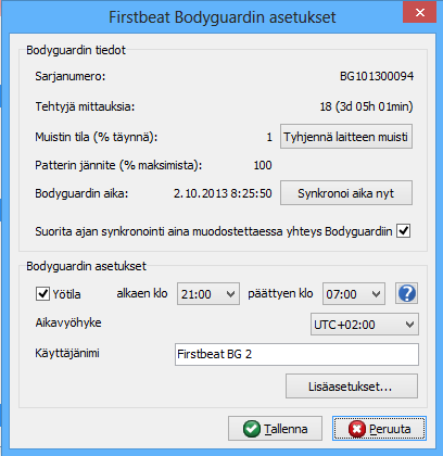 FIRSTBEAT BODYGUARD ASETUKSET Firstbeat Bodyguard asetustyökalulla voidaan määrittää Firstbeat BODYGUARD ja Firstbeat BODYGUARD 2 asetuksia.