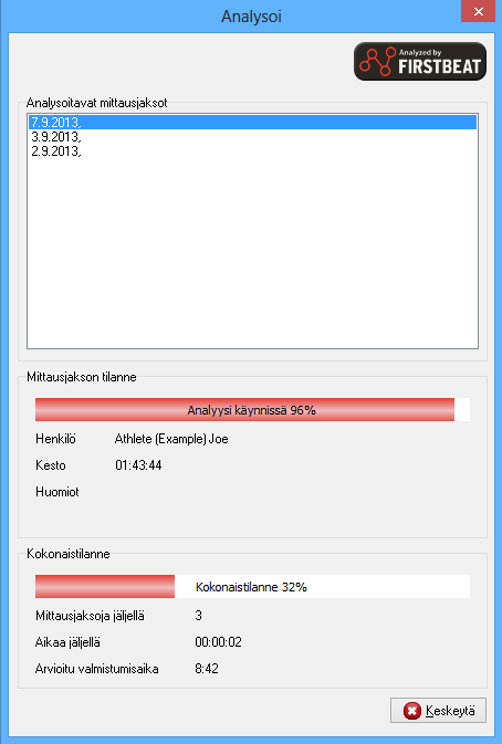 MITTAUSJAKSOJEN ANALYSOIMINEN Firstbeat SPORTS ohjelmaan ladattavat mittausjaksot tulee aina analysoida ennen tulosten tarkastelemista, tai raporttien luomista.