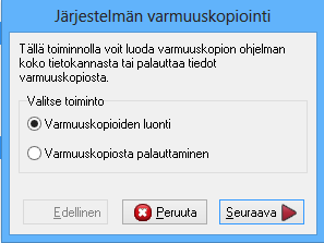 JÄRJESTELMÄN VARMUUSKOPIOINTI Tästä kappaleesta löydät tietoa mitä tietoa ohjelmasta voit varmuus kopioida järjestelmän varmuuskopiointi ominaisuuden avulla.