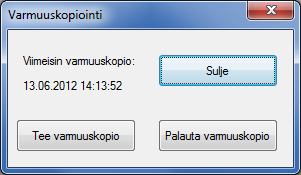 Varmuuskopiointi Whisper-tili mahdollistaa Ciegus-varmuuskopiointipalvelun käytön. Valitsemalla Työkalut-valikosta Varmuuskopiointi ruudulle avautuu varmuuskopioiden hallintaikkuna.