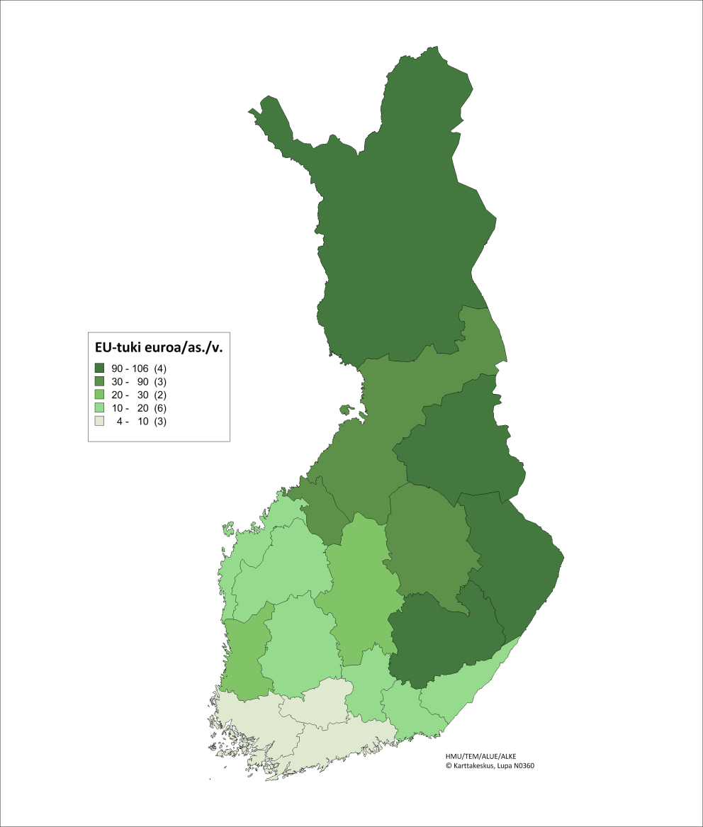 EU-rahoitus asukasta kohden/v. 2014-2020 (arvio) (ml. kestävä kaupunkikehittäminen, pl. valtakunn. toiminta ja tekninen tuki) Maakunta EAKR/as./v. ESR/as./v. yht.