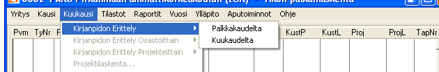 57 (68) Kun kaikki palkat on laskettu, tulostetaan tarkistuslista ja palkkaerittelyt toiminnolla Kausi Palkkaerittelyt (Kuvio 36).