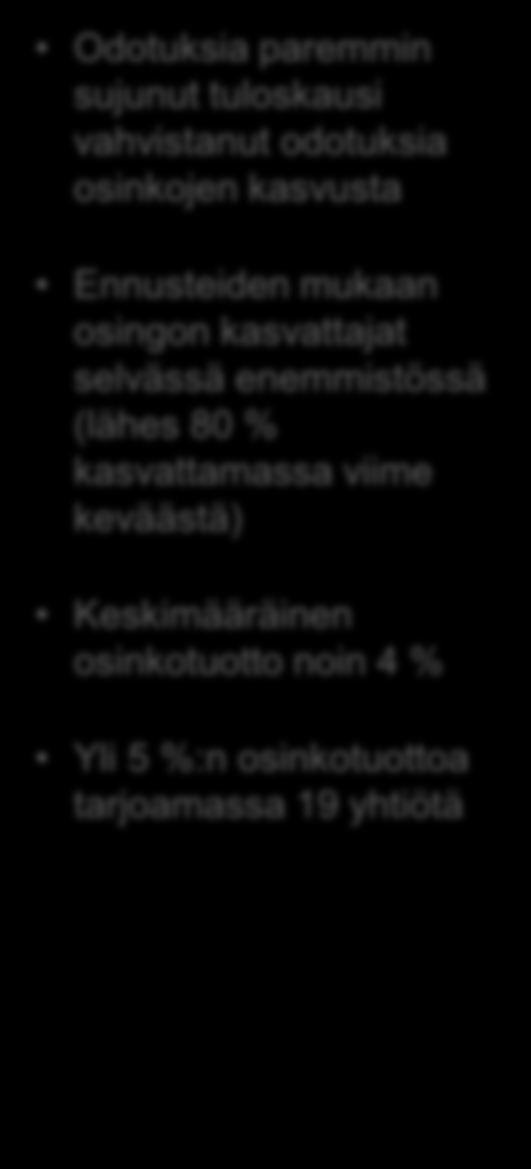 Osinkotuotot Helsingin pörssin tukena Odotuksia paremmin sujunut tuloskausi vahvistanut odotuksia osinkojen kasvusta Ennusteiden mukaan osingon kasvattajat selvässä enemmistössä (lähes 80 %