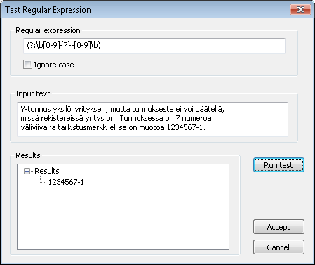 86 Kuva 44. Extract regular expression Säännöllisten lausekkeiden testaamiseen ohjelma tarjoaa myös oman testipenkin (kuva 45).