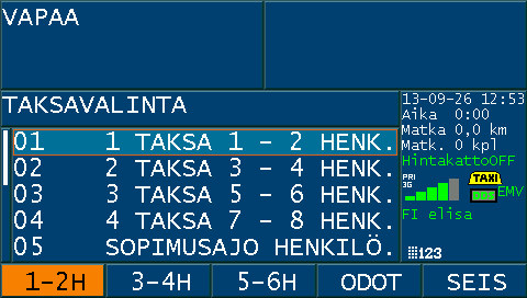 SUORITAMME AJON 1 Paina pikanäppäintä <TAXA> 2 Valitse pikanäppäimellä tai taksavalikosta oikea taksa. 3 Suorita ajo. 4 Paina <STOP>. 5 Valitse <MAKSU>. 6 Valitse maksutapa.