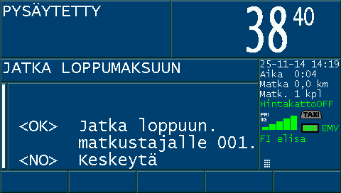 KELA-tilaus. Meno paluu, yksi matkustaja: Hyväksy ajotarjous Vector 9000 terminaalista. Halutessasi voit tulostaa KELA-ajoselitteen PRINT näppäimellä. Aja nouto-osoitteeseen.