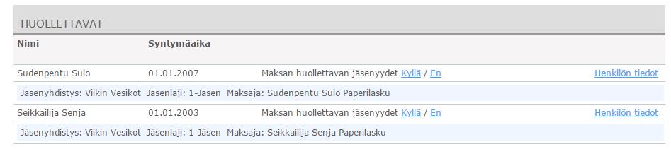 Partiolaisen yhteystietojen muokkaus 1) 1) Huoltajan profiilin Yhteystiedot sivun alaosasta löytyy listaus huollettavista.