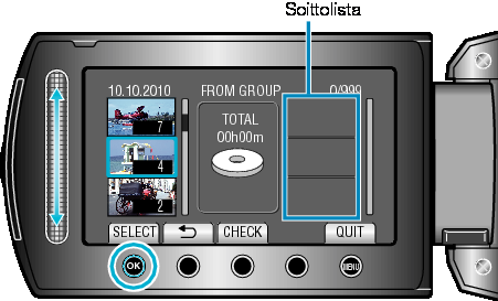 Muokkaus Soittolistan luonti ryhmän mukaan Luo soittolista järjestämällä useita tiedostoja ryhmän mukaan 1 Valitse toistotila 6 Valitse CREATE FROM SCENE ja kosketa C 2 Valitse videotila 3 Avaa