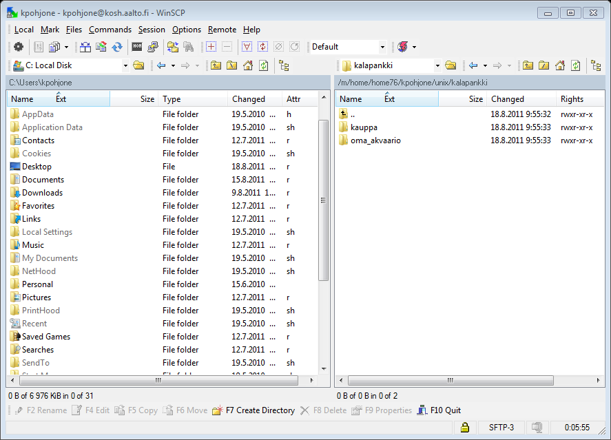 Tiedostojen siirto WinSCP on ilmainen ohjelmisto, jonka voit ladata netistä myös kotikoneellesi. (Googlaa.) Huom!