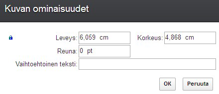 2. Kirjoita kuvan vaihtoehtoinen teksti Vaihtoehtoinen teksti -kenttään. 3. Määritä leveys ja korkeus Leveys- jakorkeus-kenttään. Voit muuttaa kuvan kokoa tarvittaessa myös vetämällä.