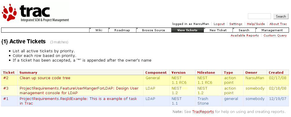 Kuva 26: TRAC:in ylläpitämä tehtävälista Jokaisella luodulla tehtävällä on oma itsenäinen elinkaarensa (kuva 27).