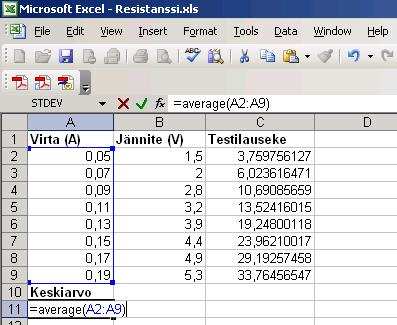 Esimerkki ei ole sinänsä järkevä, koska kyseessä ei ole tilastollinen mittaus. Havainnollistetaan keskiarvon laskemista kuitenkin tällä samalla datalla.