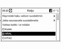 78 Navigointi Valitse Autot & tankkaus. Näytössä näkyy valikko, jossa on vaihtoehtoja huoltoasemahaun tarkentamiseksi. Valittuasi Aloita haku aloitetaan alueen kaikkien huoltoasemien haku.