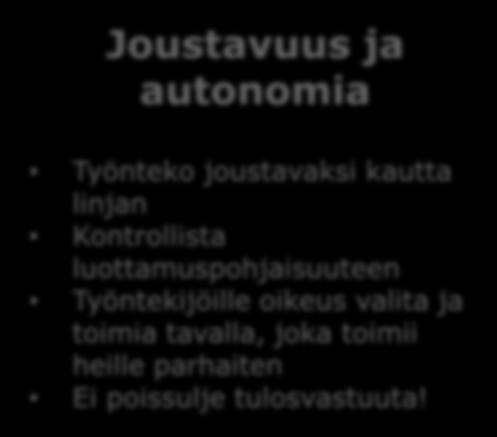 KAKSI TÄRKEÄÄ ASIAA Arvot ja roolimallit Onko OK lähteä aikaisemmin hakemaan lapset? Mikä on esimiesten suhtautuminen perhevapaalle jäämisen osalta? Miten johto käyttäytyy itse näissä asioissa?