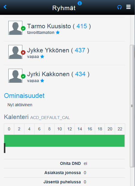 Elisa Oyj 16 (54) 3.4.3 Puhelut Vastausryhmät Mikäli olet jäsenenä jossakin Vastausryhmässä, näet myös ne ryhmät joihin kuulut. Niihin kirjautumista hallitaan aktiivisen tilatiedon perusteella.