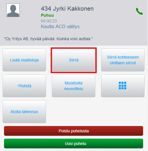 Elisa Oyj 37 (54) Matkapuhelimesta vastattua puhelua voidaan hallita Ring käyttöliittymän kautta Käyttäjä voi siirtää puhelun mm. työtoverille käyttöliittymän avulla 3.9.