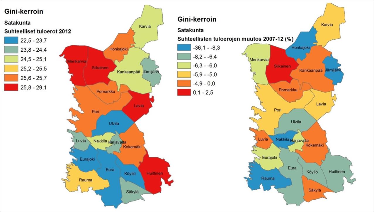 21 suuremman arvon Gini-kerroin saa, sitä epätasaisempi tulonjako tarkasteltavalla alueella on. Työllisyys ja työttömyys ovat keskeisimmät tuloeroihin vaikuttavat tekijät.