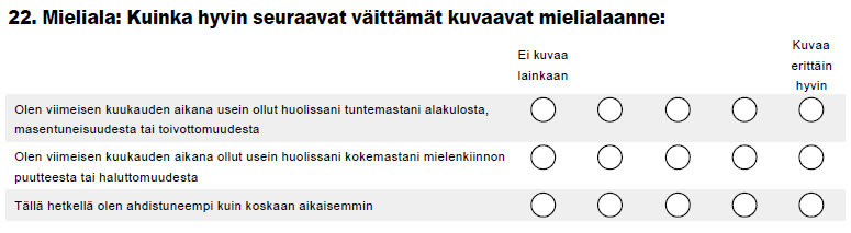 6. Mieliala Masennuksen yleisseula, 2 osiota (Tuisku, Melartin &