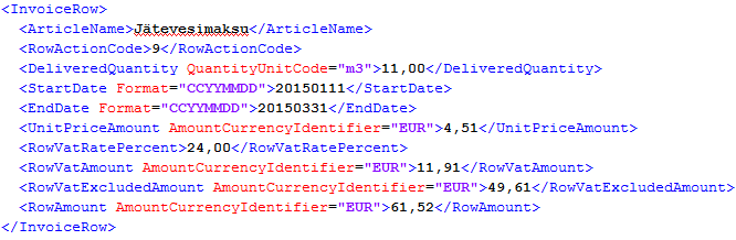 36 Kuva 16. Erittelysivun laskurivi XML-sanomassa Liitteessä B on esimerkki Lahti Aquan vesilaskun XML-sanomasta kokonaisuudessaan. 6.1.5 Siirtolaskut Lahti Aqualla erikoisuutena ovat siirtolaskut.