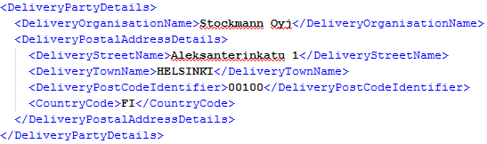 42 Finvoice-standardin mukaan toimitusasiakkaan osoitetiedot (nimi, lähiosoite, postinumero ja postitoimipaikka) ovat XML-sanomassa DeliveryParty-elementeissä (kuva 21). Kuva 21.