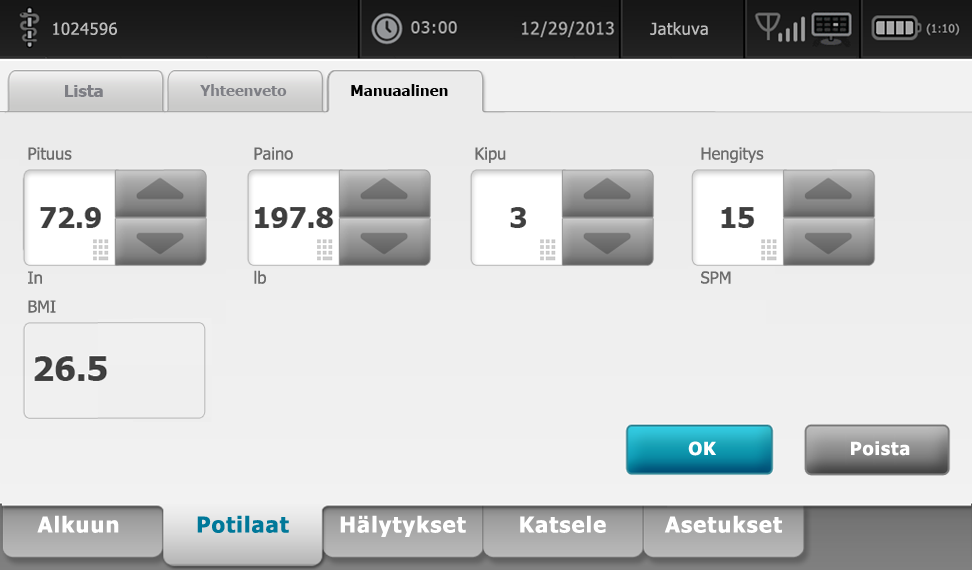 144 Potilaan monitorointi Welch Allyn Connex Vital Signs Monitor 6000 Series Näytössä näkyy Manuaalinen-välilehti. 2.