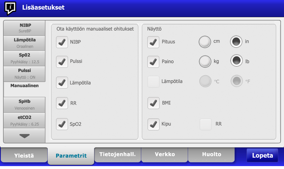 Käyttöohjeet Lisäasetukset 161 Näytössä näkyy nyt Yleistä-välilehti. 2. Valitse Parametrit-välilehti. 3. Valitse Manuaalinen-välilehti. Tietojenhallinta 4.