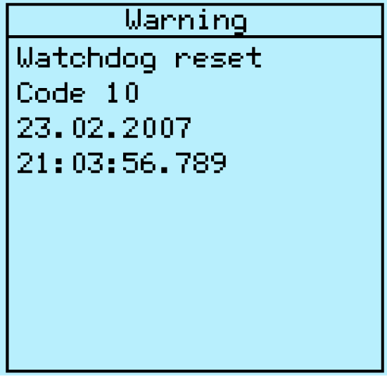 1MRS756792 C Kappale 7 Vianmääritys A071222 V2 FI Kuva 75: Varoitus Taulukko 18: Varoitusten ilmoitukset ja koodit Varoitusilmoitus Varoituskoodi Lisätietoja Warning Watchdog reset Warning Power down