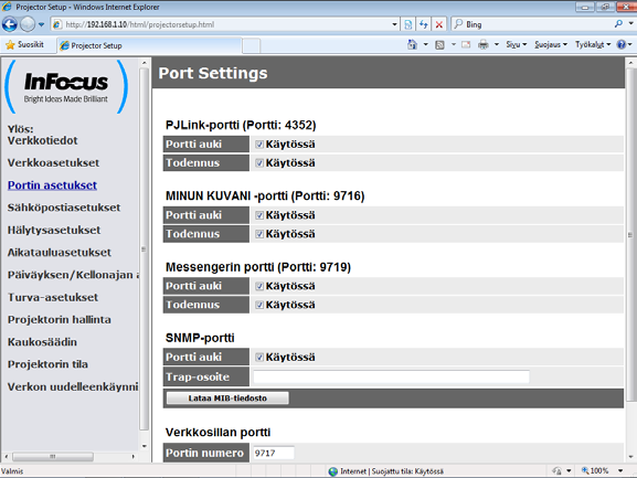 3.1 Projektorin web-ohjaus (jatkuu) 3.1.4 Portin asetukset Näyttää ja konfiguroi viestintäportin asetukset.