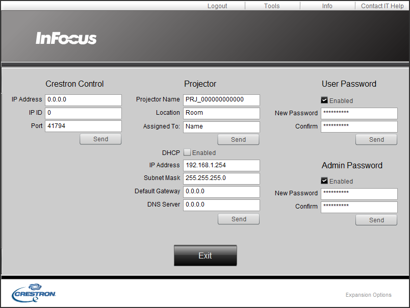 3.2 Crestron e-control (jatkuu) 3.2.2 Tools-ikkuna 2 1 4 3 5 Konfiguroi projektorin ja Crestron -hallintajärjestelmän väliset asetukset. Napsauta [Exit]-painiketta palataksesi Main-ikkunaan. HUOM!