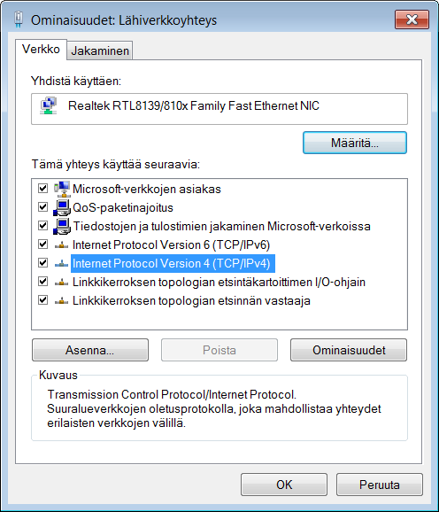 valitse Ominaisuudet. 6) Valitse Internet Protocol Version 4 (TCP/IPv4) ja napsauta [Ominaisuudet].