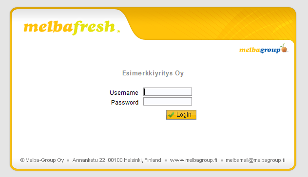 BASIC TYÖSKENTELY Kirjaudu Järjestelmään kirjautuminen tapahtuu osoitteessa: https://xxx.melbafresh.net xxx on asennusvaiheessa käyttäjien yritysnimen perusteella määritelty ns. Alidomain.