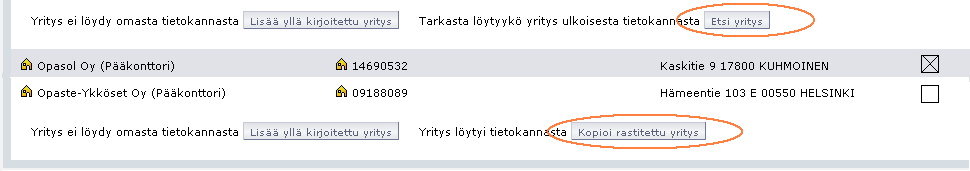 Tämän jälkeen yrityskortille syötetään muut yrityksen tiedot. Näitä ovat Osoite-, Segmentti-, Kanavaja Henkilötiedot. Yrityksen syöttäminen ulkoisesta tietokannasta (Huom!