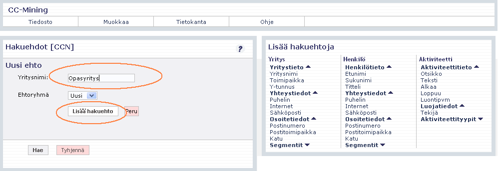 Haku Hakukone mahdollistaa kaiken tallennetun tiedon hakemisen. Sen avulla voidaan valita hakutekijöitä useasta tietokantataulusta samanaikaisesti.