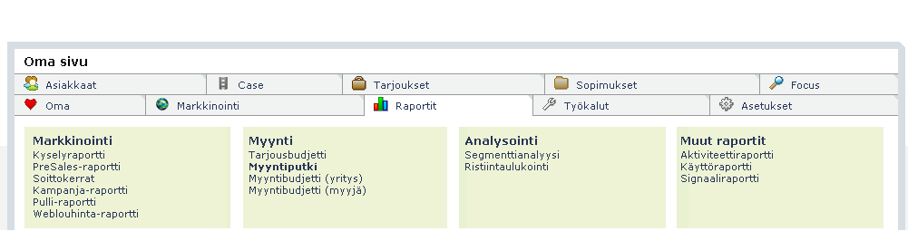 RAPORTIT Ohjelmaan kertynyttä tietoa voidaan kätevästi tarkastella usealla erilaisella raportilla. Raportit esittävät tallennetun tiedon aina reaaliaikaisesti.