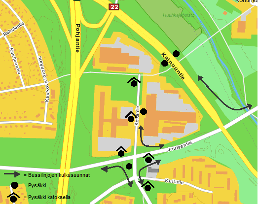 KUVA 12. Kotkantie kampusalueen bussipysäkit ja bussilinjojen kulkusuunnat (Karttatie, karttapalvelu. 2011; Eniro, kartat ja reitit.