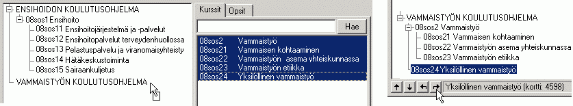 34 LUKU 4. OPETUSSUUNNITELMAT 2. Rekisteri-ikkunan oikeassa laidassa on lista jo olemassa olevista opseista. Keskimmäisessä ruudussa on opetustarjontalista ja vasemmalla työskentelyruutu.