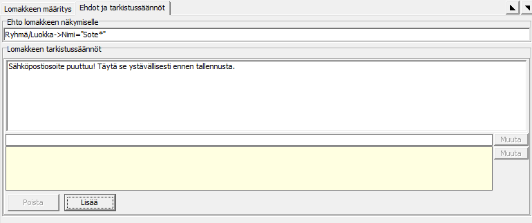 82 LUKU 14. LOMAKE-EDITORI Valintalistan sisältö -osuus näkyy vain osoitin- ja valintakenttien kohdalla. Tämän avulla rajataan, mitä vaihtoehtoja valikosta löytyy. Esim.